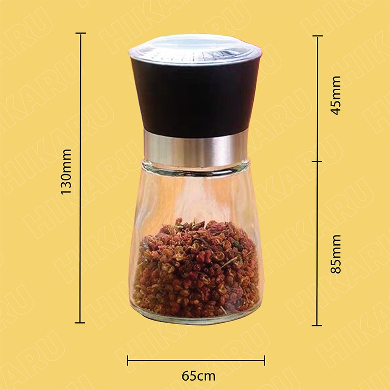 Cối Xay Tiêu Thủy Tinh Cầm Tay Cao Cấp Loại 1 HIKARU_HK-NA-007_Xay Hạt Tiêu, Hạt Khô, Inox Bằng Tay