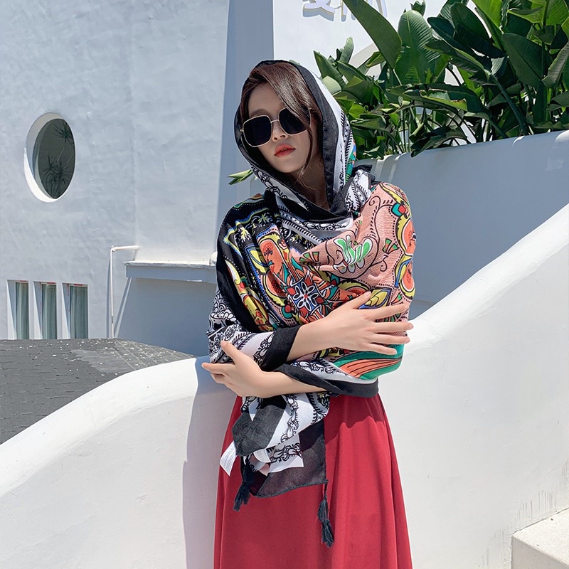 Khăn choàng cổ in hoa văn size 90x180cm du lịch biển