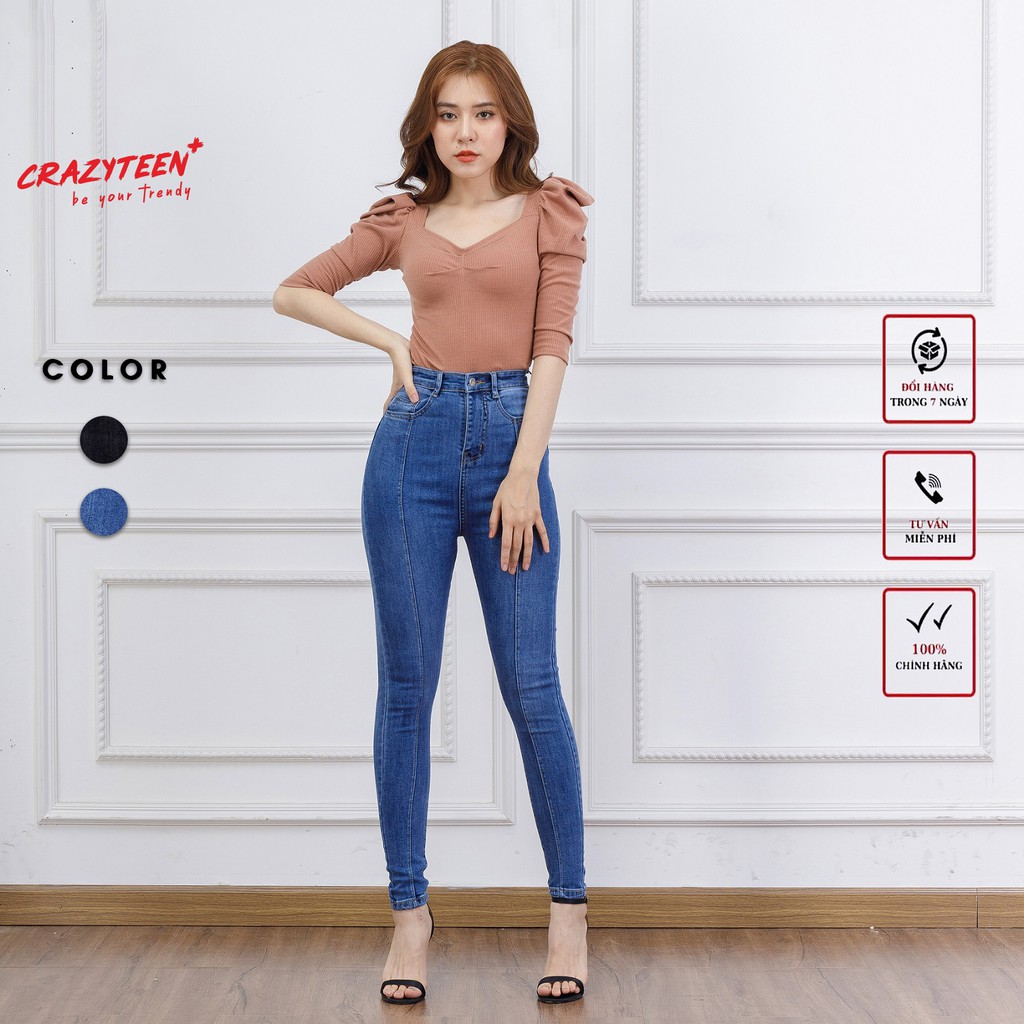 Quần jean nữ CRAZYTEEN lưng siêu cao ống bó K0095