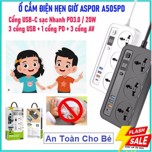 👦An Toàn Cho Trẻ Nhỏ👦 Ổ Cắm Điện An Toàn Cho Bé ASPOR A505PD Chống Giật Hỗ Trợ Sạc Nhanh 3.0A Với 4 Cổng USB, Cổng PD
