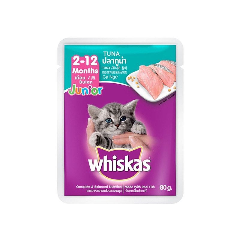 Pate mèo con Whiskas 2 vị cá ngừ cá thu tươi ngon hấp dẫn giàu dinh dưỡng dạng túi 80g