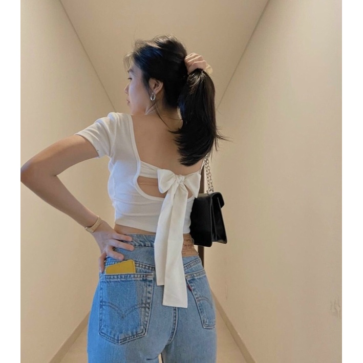 ÁO CROPTOP CỔ VUÔNG HỞ LƯNG CÓ DÂY NƠ XINH A59