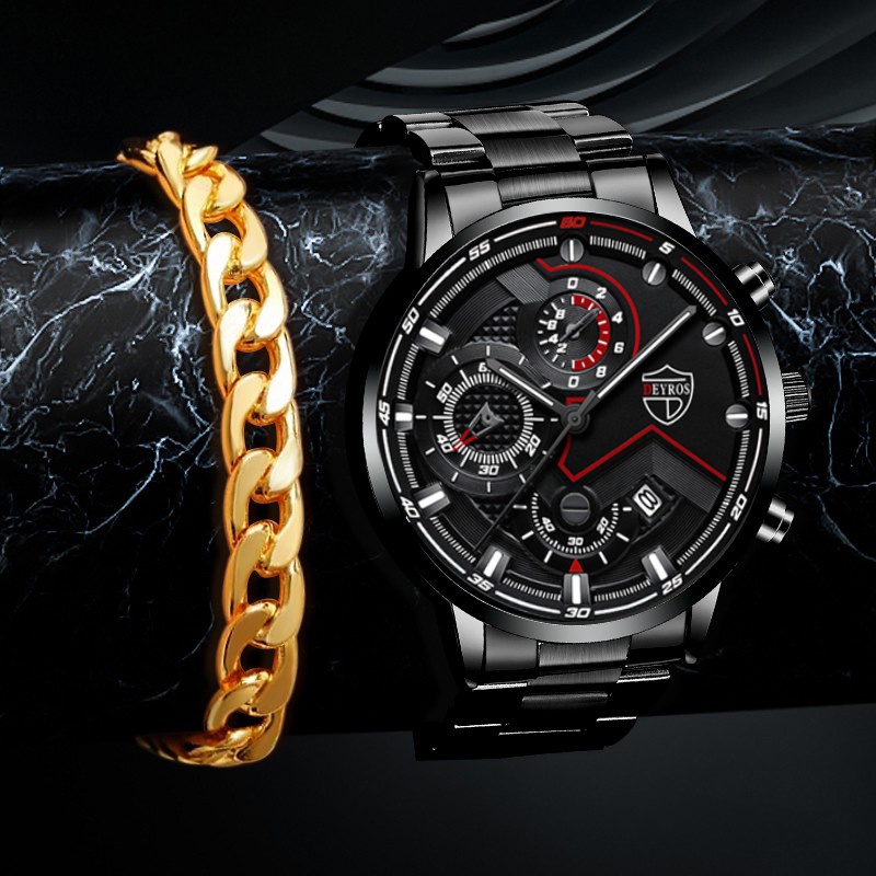 Ồ! 1 bộ Đồng hồ nam dây đeo tay nam thép không gỉ thời trang kinh doanh tương tự đồng hồ thạch anh sáng dạ quang Quà tặng nam