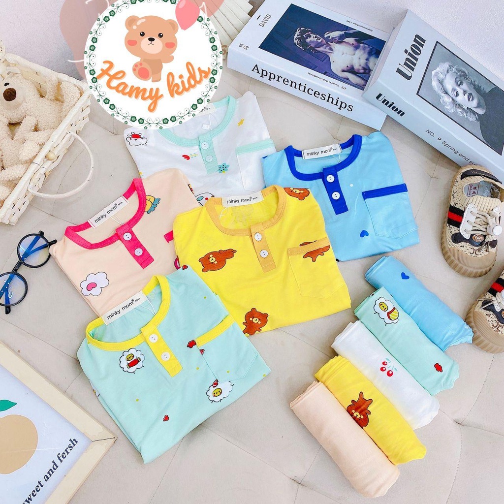 Bộ Minky Mom Chính Hãng Tay Dài Quần Dài Bé Trai Bé Gái Thun Lạnh Cổ Trụ Và Túi Thật Cho Bé 0-5 Tuổi Dưới 20kg-Hamykids