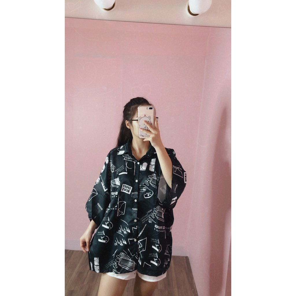 Áo sơ mi in hình học cổ bẻ tay lỡ unisex phom thụng ulzzang