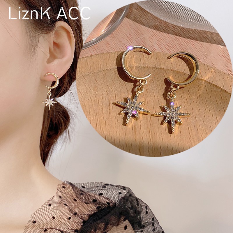 Bông Tai Hình Mặt Trăng Ngôi Sao Đính Đá s925 Phong Cách Pháp Đơn Giản Thời Trang Cho Nữ