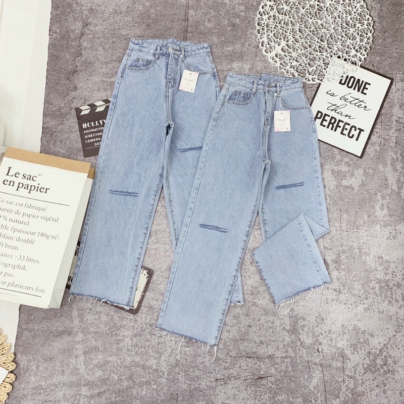 Baggy jeans ống suông lưng cao rách pt