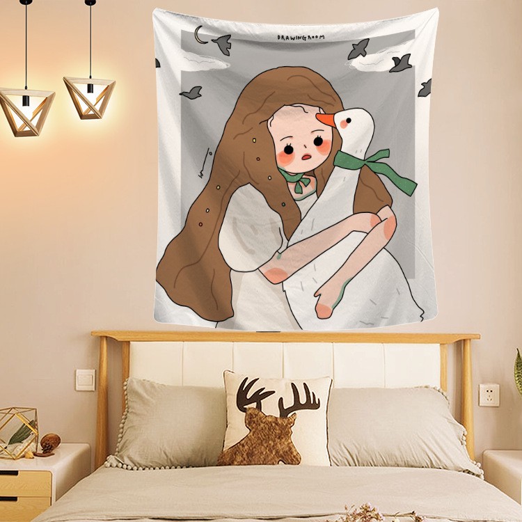 Tặng Đèn - Tranh vải treo tường cô gái dễ thương kèm móc treo decor phòng ngủ