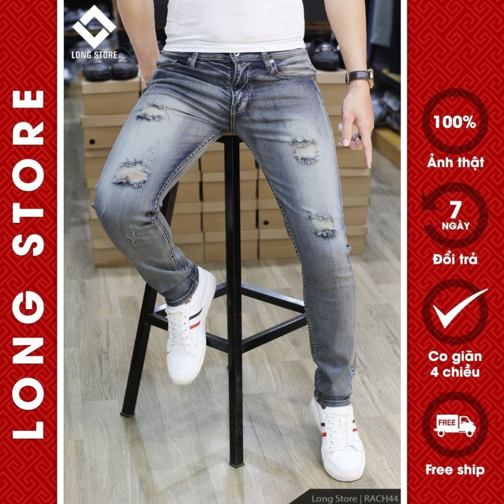 Quần jean nam rách xanh bạc bụi cao cấp chất bò co giãn ống đứng dáng ôm skinny đẹp LONGSTORE Rach44 !