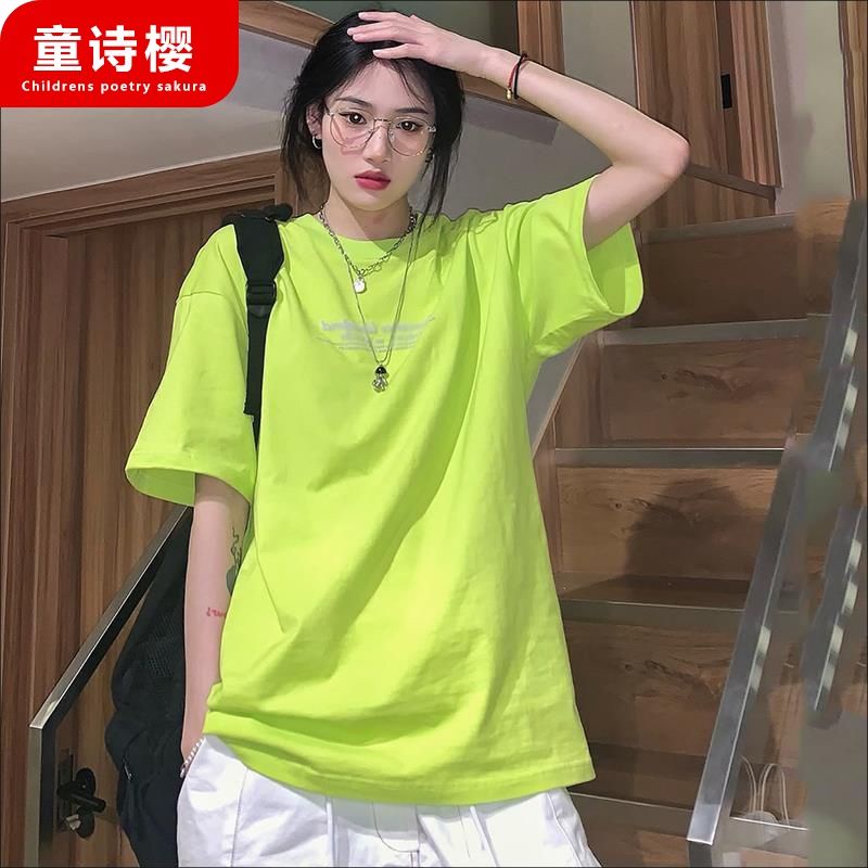 O thun D Quad Áo thun 100% cotton Tay Ngắn Dáng Rộng Màu Xanh Lá Dạ quang Thời Trang Mùa Hè 2021