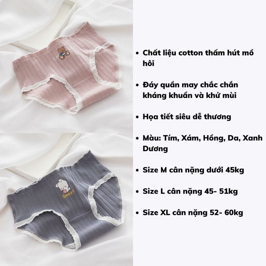 Quần lót cotton Cao Cấp viền ren mềm mại kháng khuẩn, quần lót nữ họa tiết dễ thương L2899