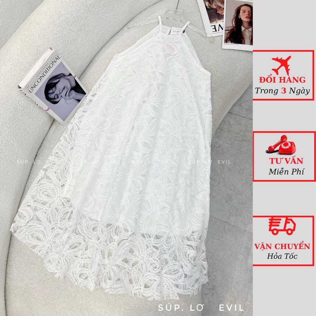 Váy ren nữ hoa nổi cổ yếm dáng suông dài maxi sát nách đi biển du lịch ulzzang Hàn Quốc đầm bầu