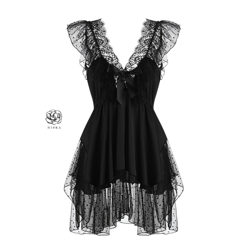 Đầm ngủ satin phối voan (2 màu trắng và đen) - Mã D304