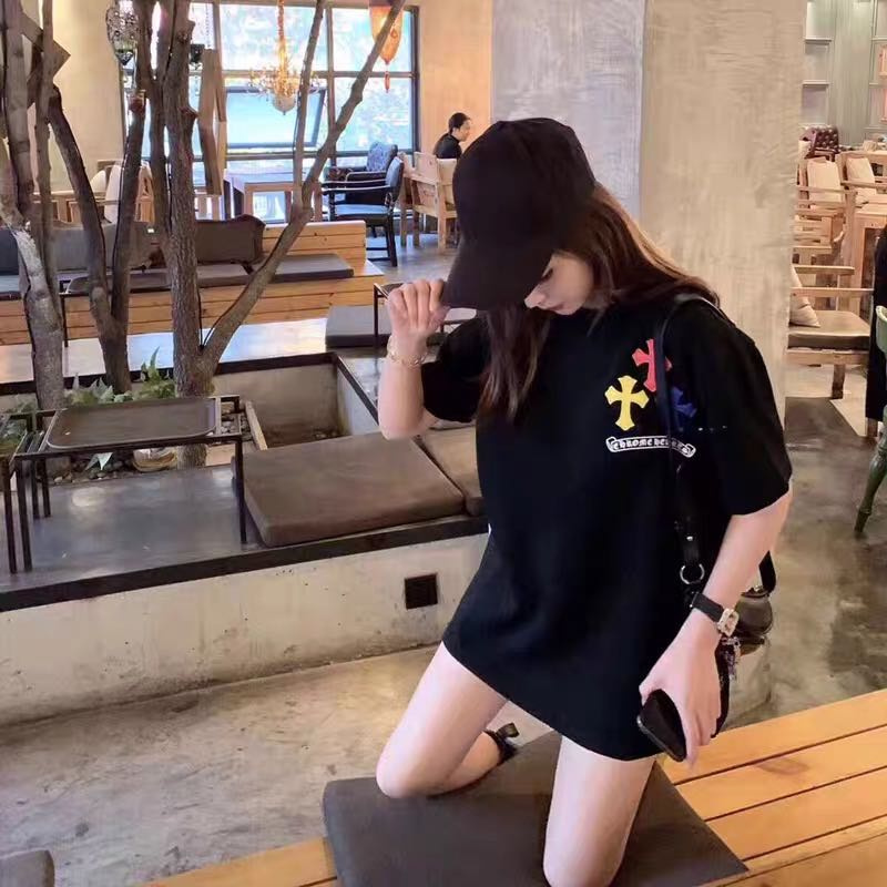 Áo thun tay ngắn cổ tròn thêu họa tiết chữ thập bằng da nhiều màu năng động thời trang