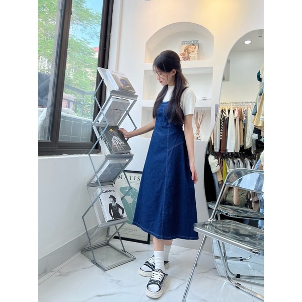 [Ảnh thật/Videi]Yếm jean Hàn dáng dài xoè nhẹ tôn dánh Đầm xoè hai dây Hàn Quỗ