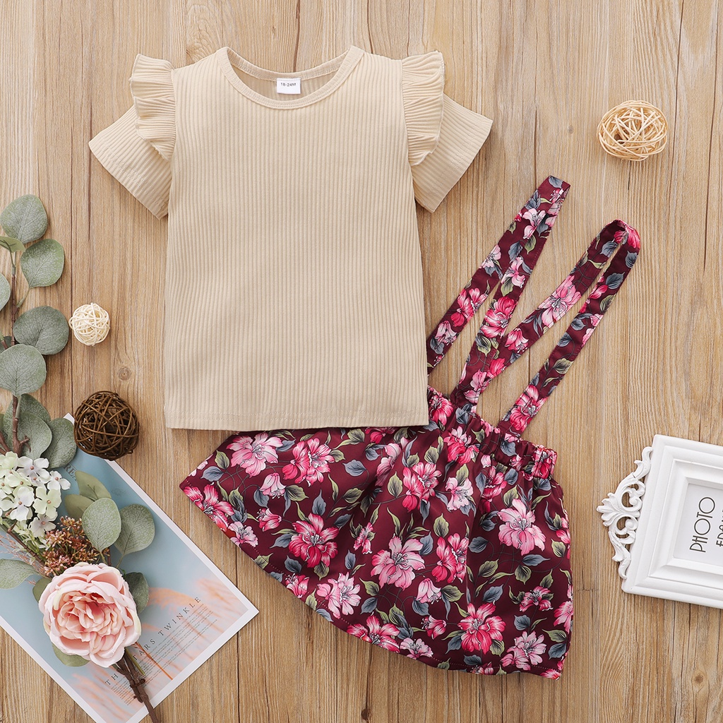 Set quần áo MIKRDOO gồm áo cotton ngắn tay màu be + chân váy yếm in hoa thời trang mùa thu xinh xắn cho bé gái