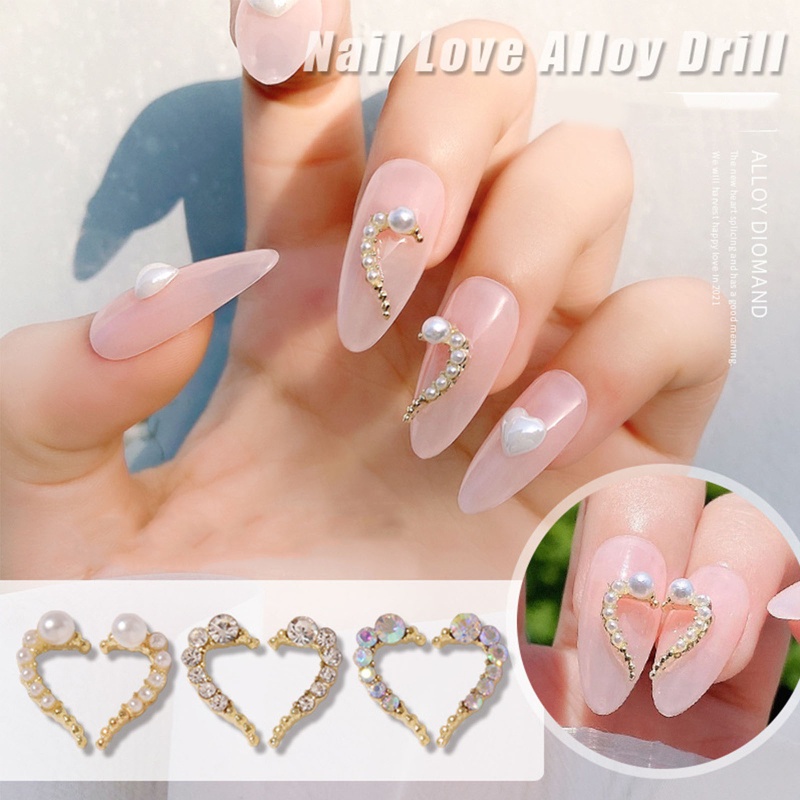 Set 1 Cặp Phụ Kiện Ngọc Trai Giả 3D Hình Trái Tim Trang Trí Móng Tay Nghệ Thuật