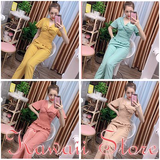 Set bộ nhúng eo cổ tim quần dài áo tay lỡ cực sang