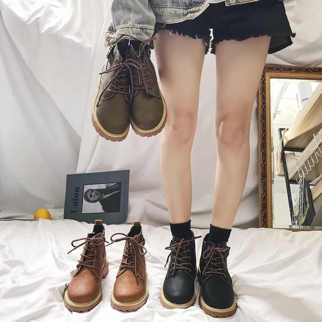 Giày da cao cổ nữ retro vintage buộc dây ( tặng quà) (sẵn rêu 37) -v01 | BigBuy360 - bigbuy360.vn