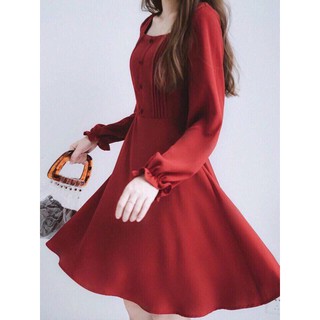 Đầm váy freesize đỏ tay dài nút bọc