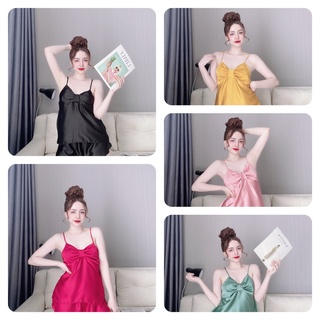 Set đồ bộ ngắn hai dây phối nơ vải satin, freesize dưới 57kg Nguyên Khánh Store