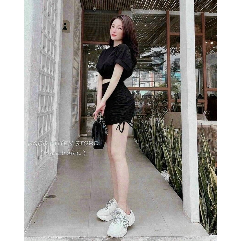 Sét áo kèm chân váy nữ áo kiểu croptop tay ngắn phối chân váy mini nhún hông