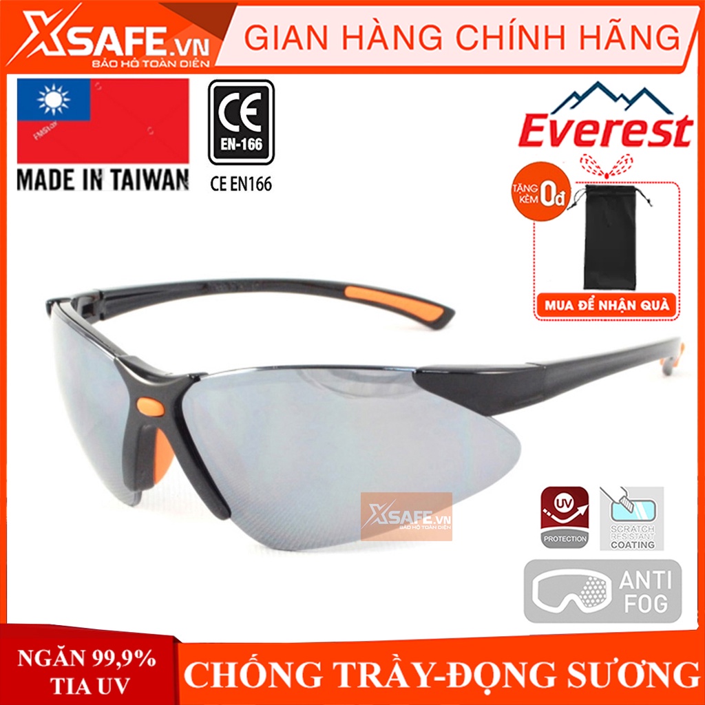 Kính bảo hộ lao động Everest EV304 - Mắt kính đen tráng bạc chống chói lóa, chống bụi,chống cực tím - Bảo vệ mắt an toàn