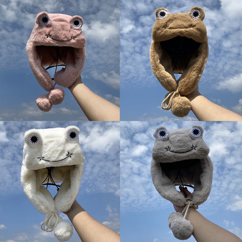 Mũ Trùm Đầu Giữ Ấm Tai Đính Mắt Ếch Nhồi Bông Dễ Thương Cho Nữ