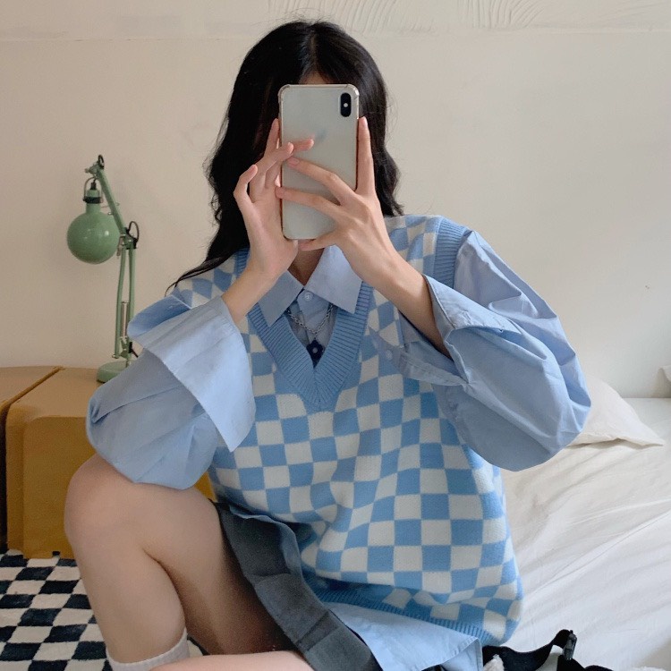 Áo len gile kẻ caro [SẴN ĐEN] | BigBuy360 - bigbuy360.vn