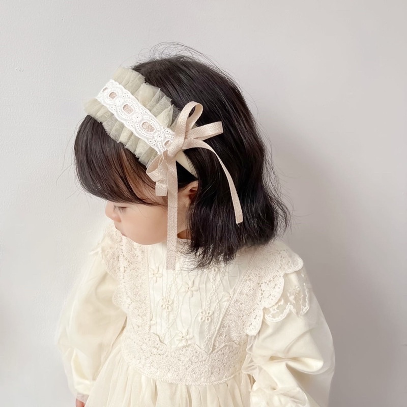 Bờm cài phong cách lolita kiểu voan xếp ly đính nơ 2 bên