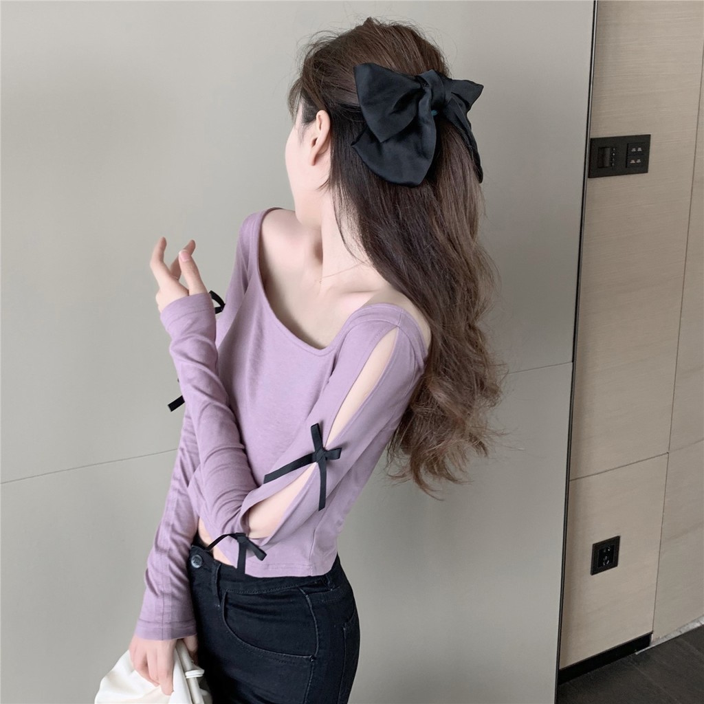 ☂Áo thun tay dài cổ vuông Bowknot Vai nữ tính Ngắn ôm sát người ở trên