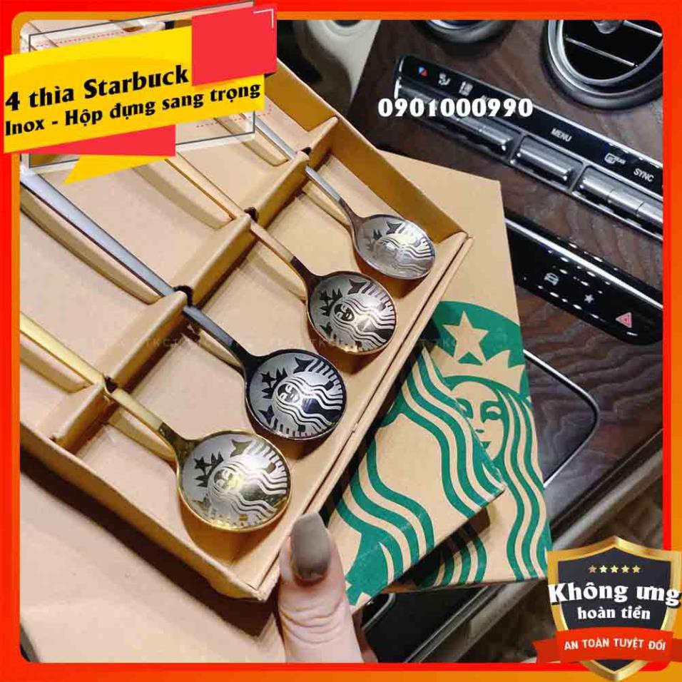 ⚡RẺ VÔ ĐỊCH⚡Set 4 thìa Starbuck - Inox 304 - In 4 màu dập chữ, in nổi logo - Hộp đựng Siêu sang - Siêu chảnh