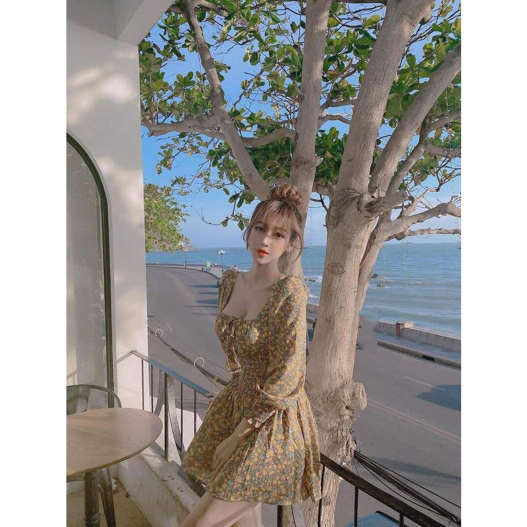Váy hoa bo chun eo cổ vuông sexy dáng ngắn nhiều màu
