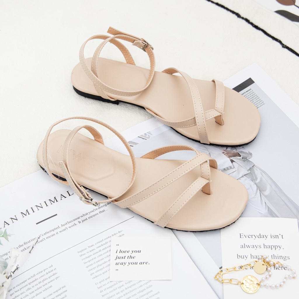 Giày Sandal Nữ Thời Trang MWC Đế Bệt Quai Dây Mảnh Xỏ Ngón Siêu Xinh Siêu Hot Màu Đen Kem NUSD- 2871