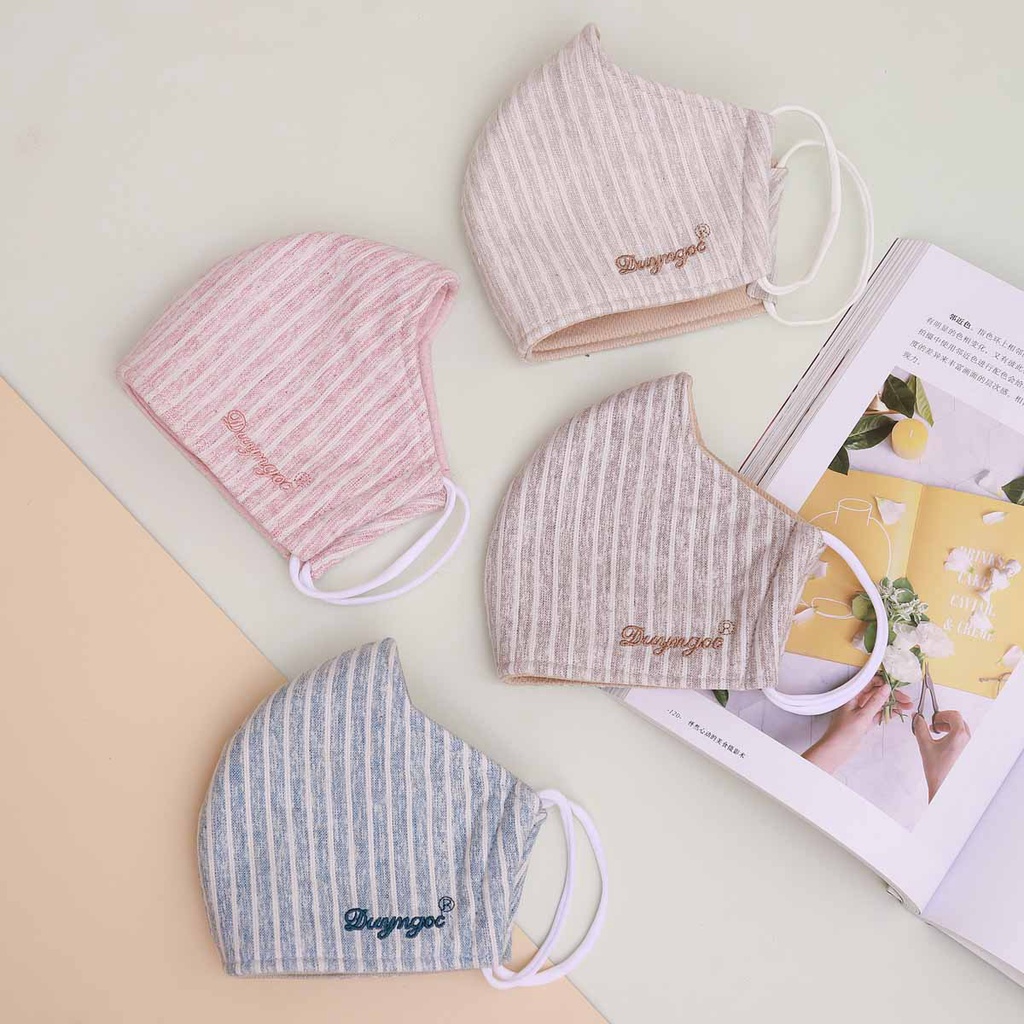 Khẩu trang vải Linen 3 lớp cao cấp Duy Ngọc - Sọc to, chống tia UV, kháng khuẩn, chất liệu dày dặn, êm ái khi đeo