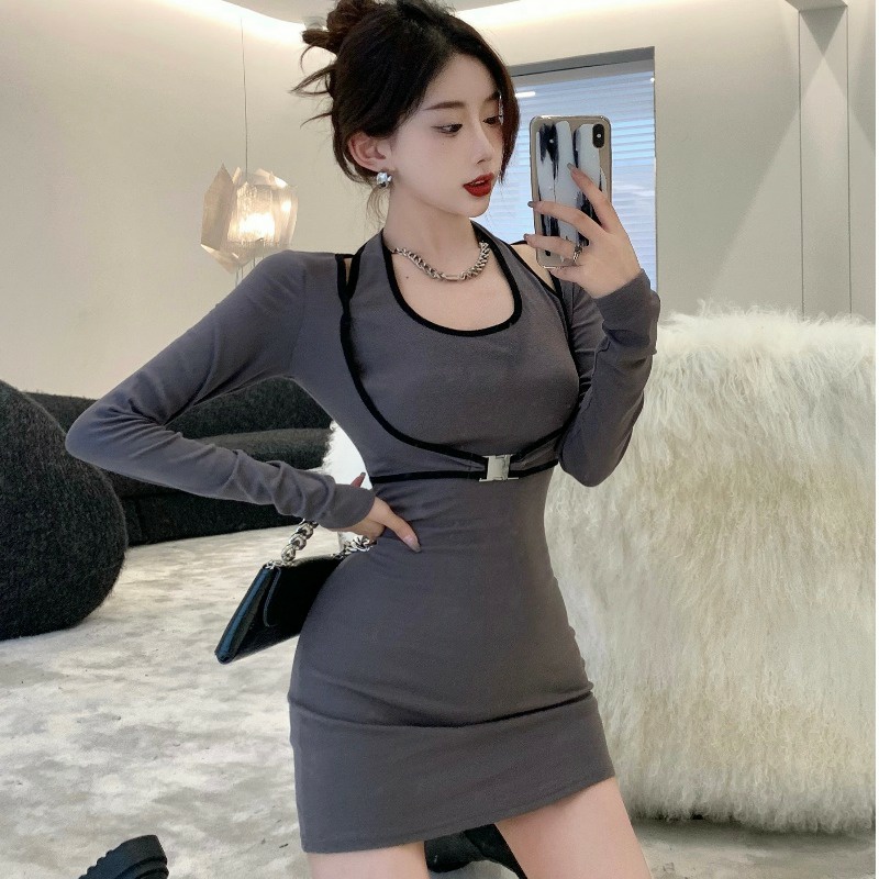 Váy Body Cổ Yếm Viền Phối Khoác LSEOUL V1292 Tôn Dáng Quyến Rũ