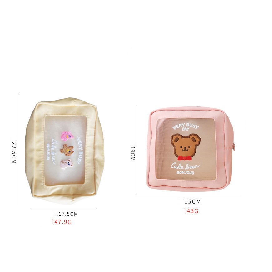 Hộp Bút Makeup Pouch Mặt Lưới Mesh Gấu Hồng Vàng Siêu Đáng Yêu