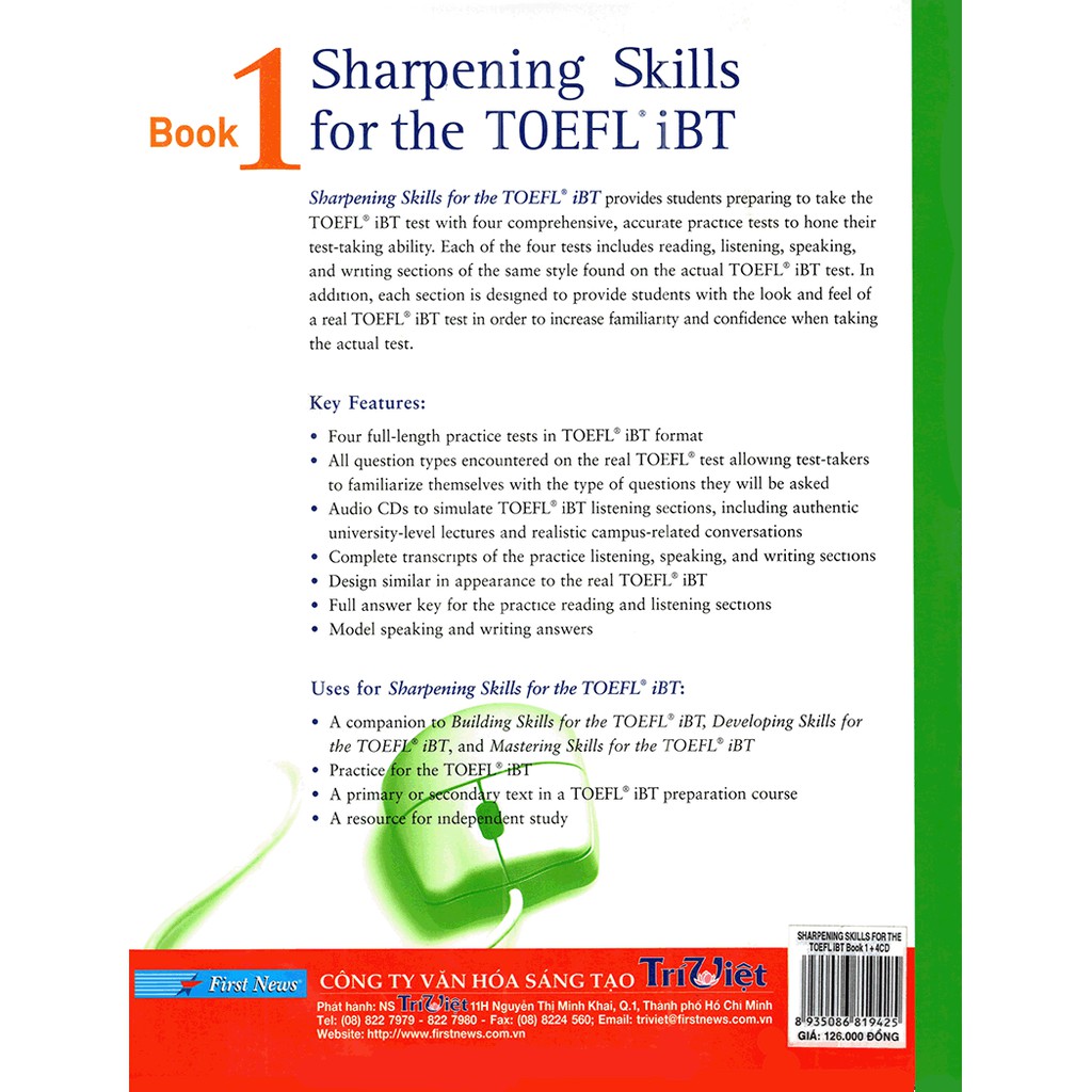 Sách - Sharpening Skill For The Toefl IBT 1 (Sách + 4CD) Tặng Bút Bi