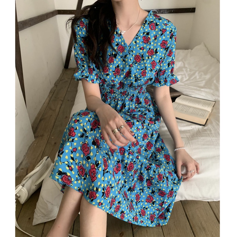 Váy Hoa Cổ Điển 175286 Đầm Dài Qua Gối Cổ Chữ v In Họa Tiết Hoa Thanh Lịch Dành Cho Nữ