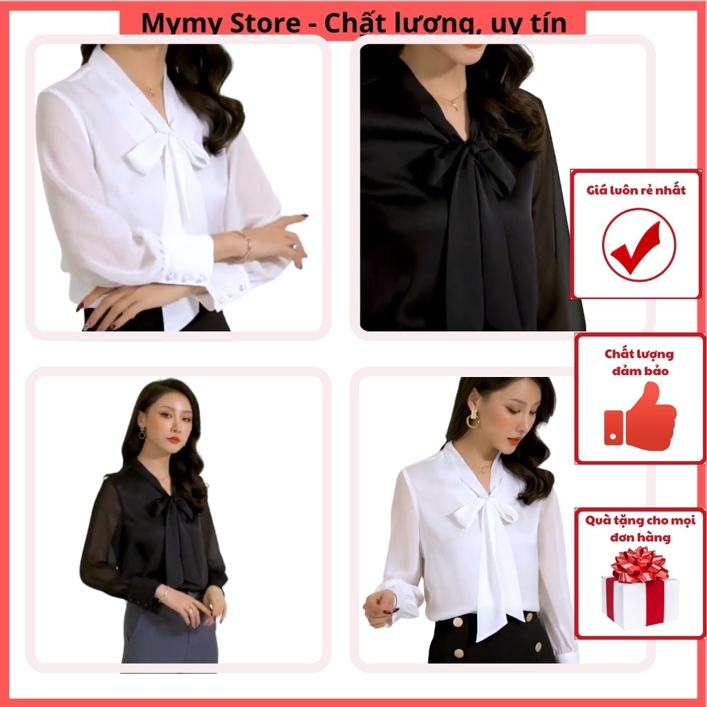 Sơ mi thiết kế siêu đẹp, sơ mi công sở lụa cổ nơ phối voan tay cao cấp