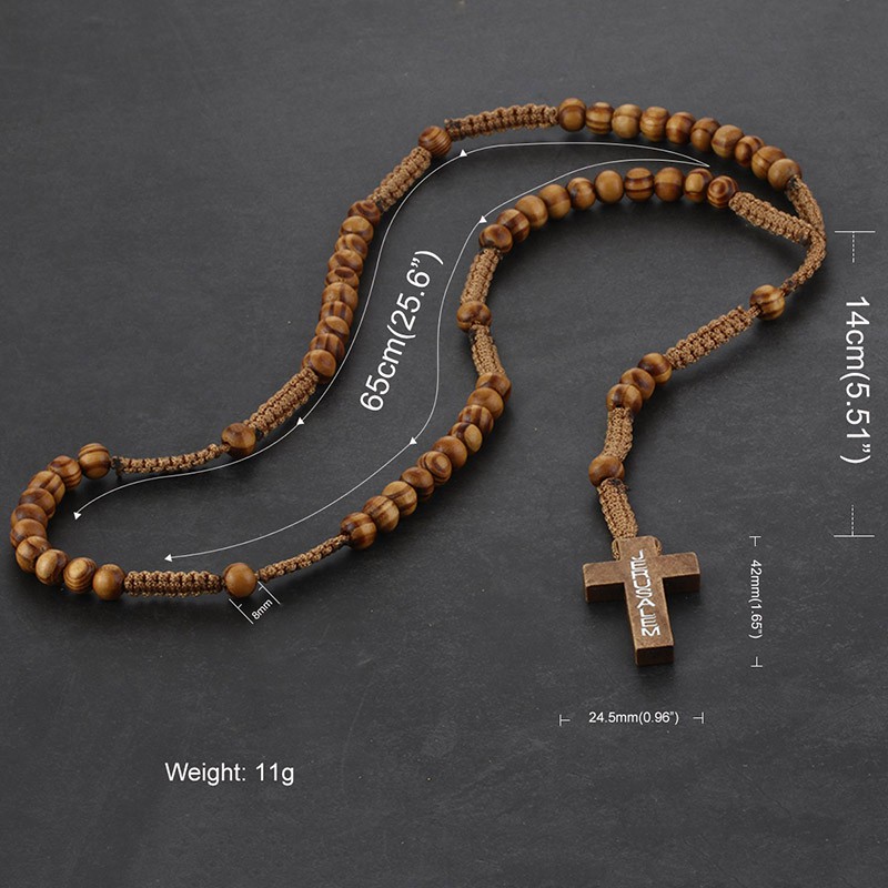 Religious Catholic Jesus Cross Pendant Wooden Beaded Chains Rosary Necklaces