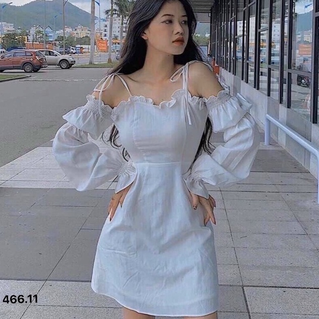 Đầm trễ vai hai dây cột nơ tiểu thư dễ thương cho nàng đi chơi dạo phố