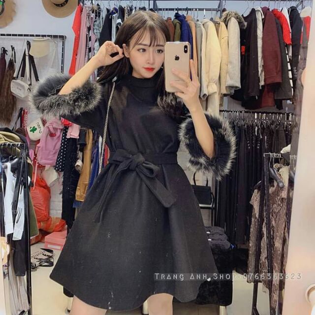 🌟Váy dạ tay lông kèm đai ( Ảnh thật )