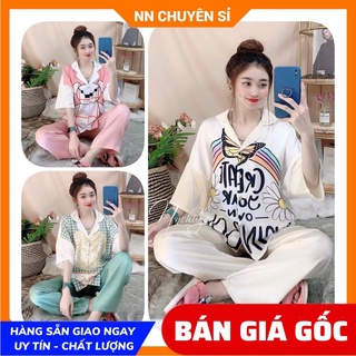 Đồ bộ nữ mặc nhà tay cánh dơi phom to chất satin cao cấp mềm mát in họa tiết hoạt hình gấu dễ thương TP105