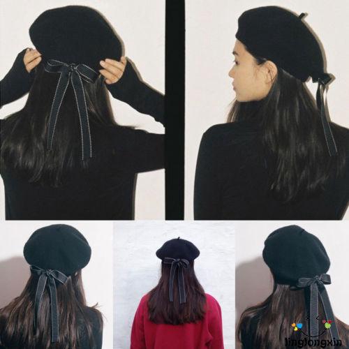 Mũ beret da PU đính nơ xinh xắn cho nữ