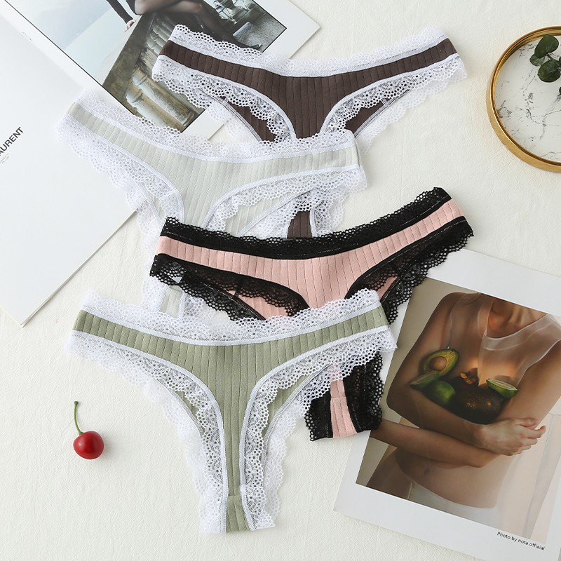 Quần Lót Lọt Khe Vải Cotton Phối Ren Quyến Rũ Cho Nữ