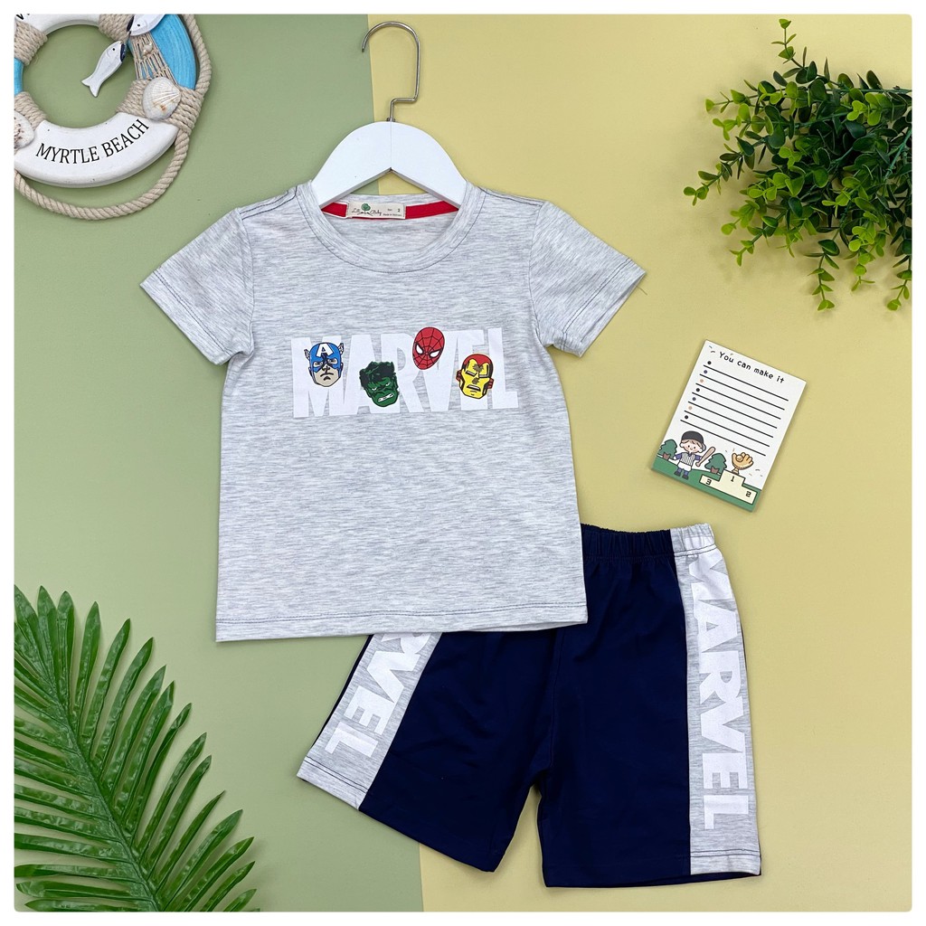 Bộ cotton cộc tay in hình chữ, mặt siêu anh hùng size 2-8, cho bạn từ 11-25kg. Chất cotton 4 chiều đanh tay, mặc mát