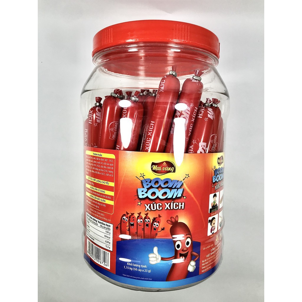 Xúc Xích Vissan Boom Boom Hũ Nhựa (50 Cây x 23g) Khối Lượng 1,15kg Thương Hiệu Mai Vàng | BigBuy360 - bigbuy360.vn