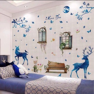 combo 2 bức kết hợp decal dán tường hươu sao xanh và khung cửa sổ