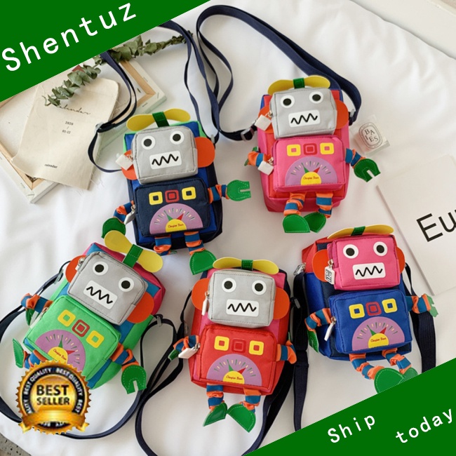Túi Đeo Chéo Vải Canvas Có Khóa Kéo Họa Tiết Hoạt Hình Robot Thời Trang Cho Bé Trai Và Gái